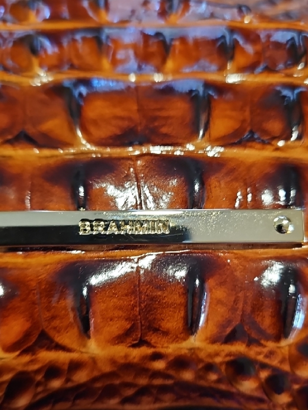 Brahmin Cognac Croc-Embossed Leather Handbag With Shoulder Strap - Picture 2 of 9
